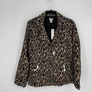 Chico's jacket large L animal print leapord moto jaquard office workwear career